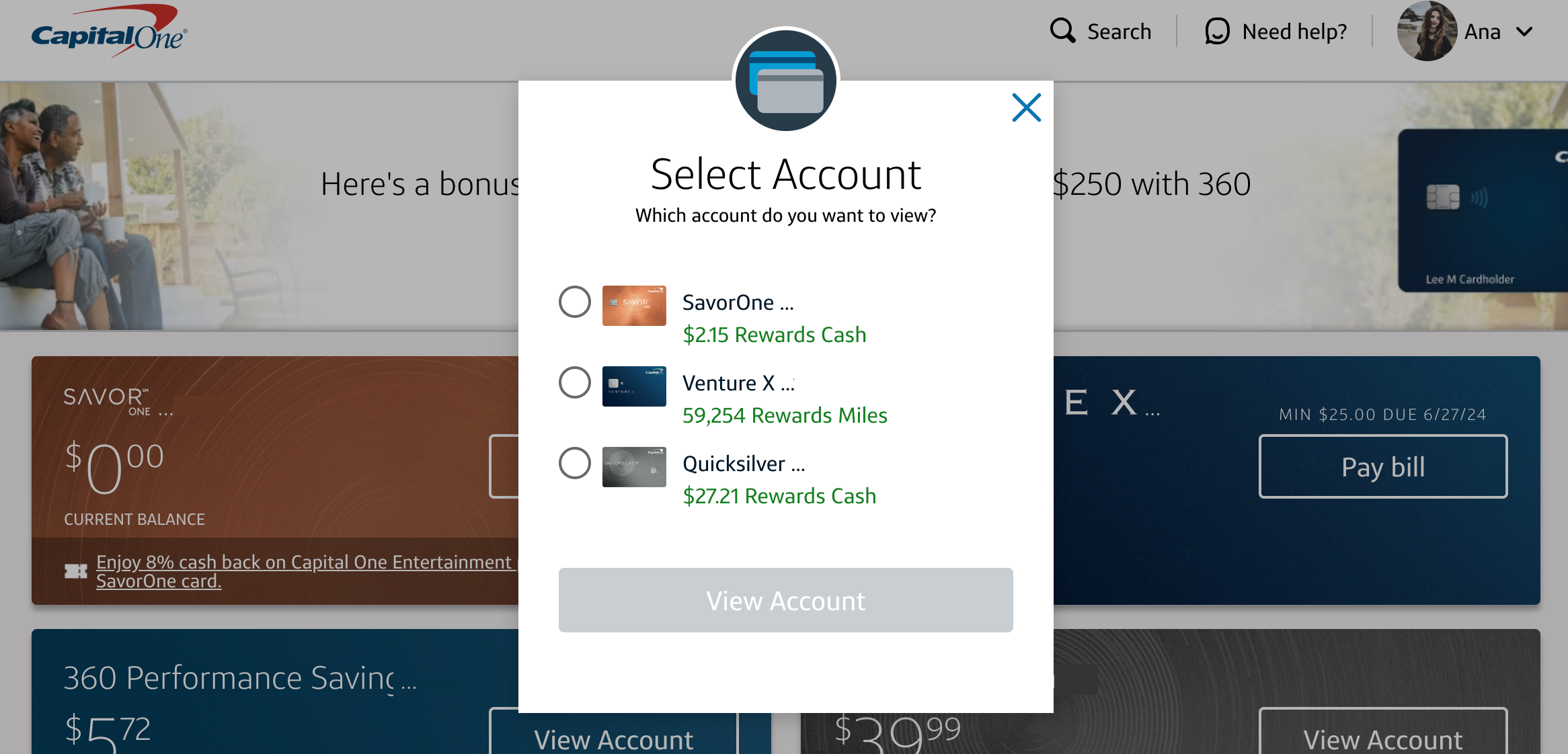 Selecting a Capital One account to move rewards from